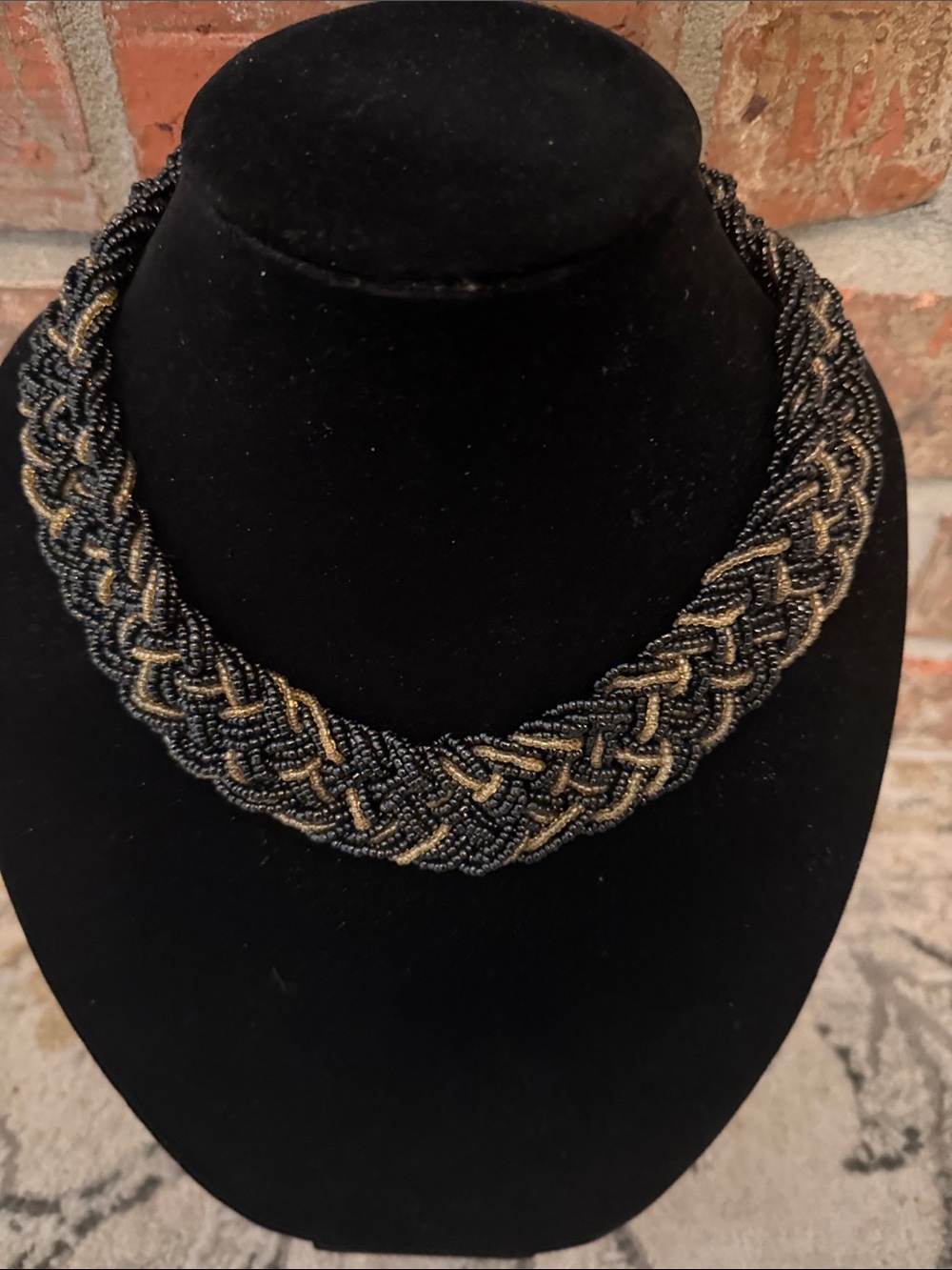 Black Gold Seed Bead Braided Statement Collar Necklace Boho